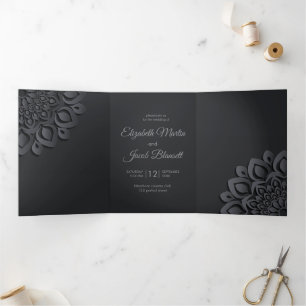 Contemporary Black Papercut Mandala Wedding Tri-Fold Invitation