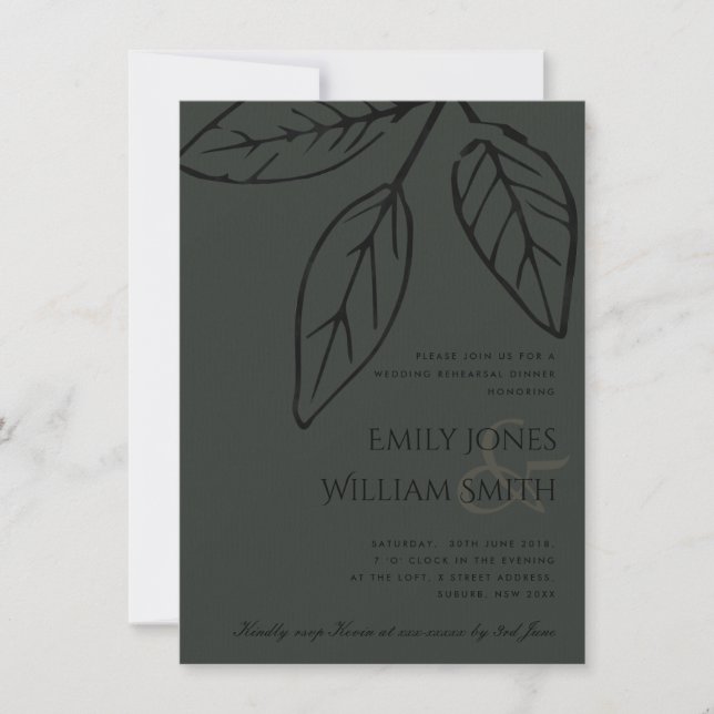 CONTEMPORARY BLACK RUST LEAVES REHEARSAL DINNER INVITATION (Front)