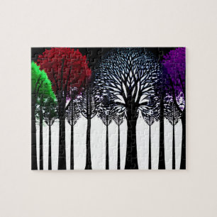 Contemporary Black Silhouette Forest with Color Jigsaw Puzzle