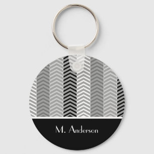 Contemporary Black White Chevron Stripes and Name Key Ring