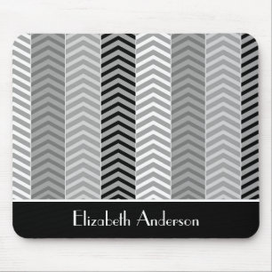 Contemporary Black White Chevron Stripes and Name Mouse Mat