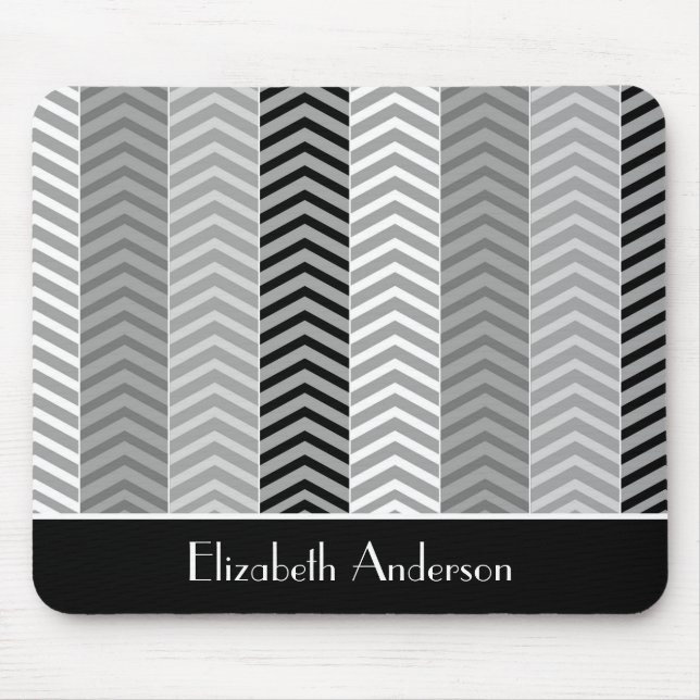 Contemporary Black White Chevron Stripes and Name Mouse Mat (Front)