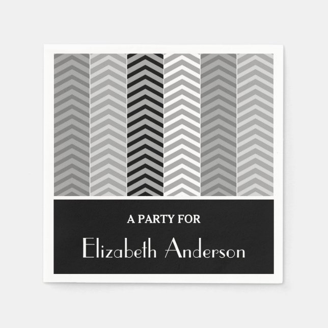 Contemporary Black White Chevron Stripes and Name Napkin (Front)
