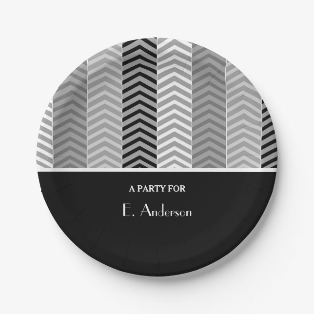 Contemporary Black White Chevron Stripes and Name Paper Plate (Front)