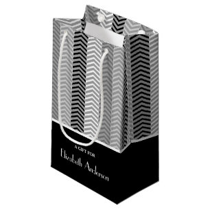 Contemporary Black White Chevron Stripes and Name Small Gift Bag