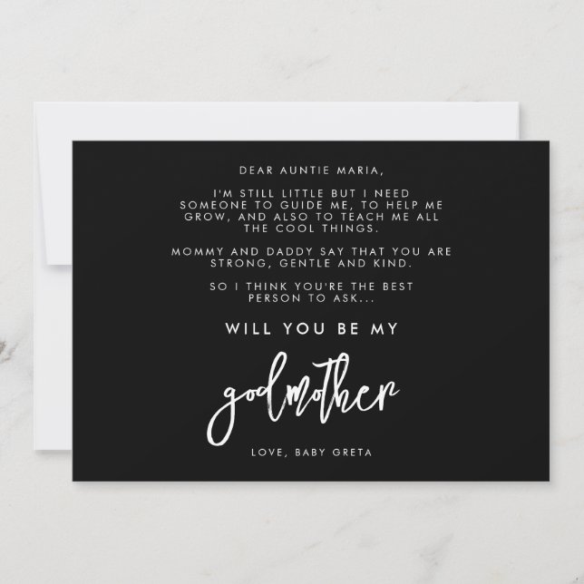 Contemporary Black Will you be my Godmother card (Front)
