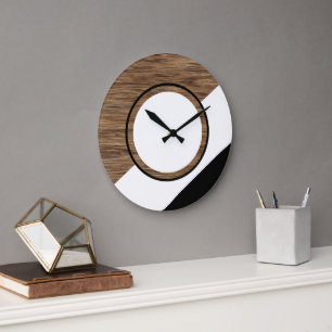 Contemporary Block Circle Stripes On Faux Wooden Large Clock