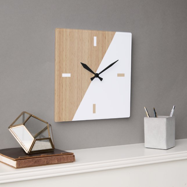 Contemporary Block Stripes On Faux Wooden Square Wall Clock (Office)