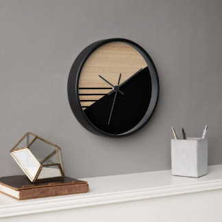 Contemporary Block Stripes Pattern On Faux Wooden Clock