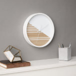Contemporary Block Stripes Pattern On Faux Wooden Clock<br><div class="desc">Modern white stripes pattern on a light beige tan coloured faux wooden background. Classic retro chic, elegant yet simple basic design for the artistic home décor fashion designer, popular hip trendsetter, whimsical midcentury style motif lover. Available on original, classy, fun & trendy interior accents & accessories to decorate your master...</div>