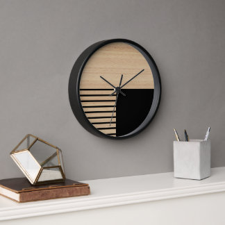 Contemporary Block Stripes Pattern On Faux Wooden Clock
