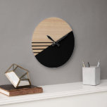 Contemporary Block Stripes Pattern On Faux Wooden Large Clock<br><div class="desc">Modern black stripes pattern on a light beige tan coloured faux wooden background. Classic retro chic, elegant yet simple basic design for the artistic home décor fashion designer, popular hip trendsetter, whimsical midcentury style motif lover. Available on original, classy, fun & trendy interior accents & accessories to decorate your master...</div>