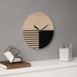 Contemporary Block Stripes Pattern On Faux Wooden Large Clock<br><div class="desc">Modern black stripes pattern on a light beige tan coloured faux wooden background. Classic retro chic, elegant yet simple basic design for the artistic home décor fashion designer, popular hip trendsetter, whimsical midcentury style motif lover. Available on original, classy, fun & trendy interior accents & accessories to decorate your master...</div>