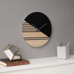 Contemporary Block Stripes Pattern On Faux Wooden Large Clock<br><div class="desc">Modern black stripes pattern on a light beige tan coloured faux wooden background. Classic retro chic, elegant yet simple basic design for the artistic home décor fashion designer, popular hip trendsetter, whimsical midcentury style motif lover. Available on original, classy, fun & trendy interior accents & accessories to decorate your master...</div>