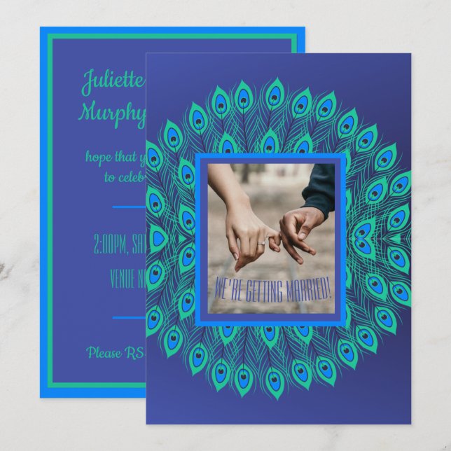 CONTEMPORARY BLUE & AQUA GREEN PEACOCK FEATHER INVITATION (Front/Back)