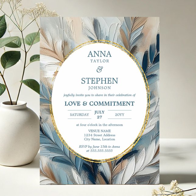 Contemporary Blue Elegance Commitment Ceremony Invitation (Contemporary Blue Elegance brushstroke invitation front in situ)