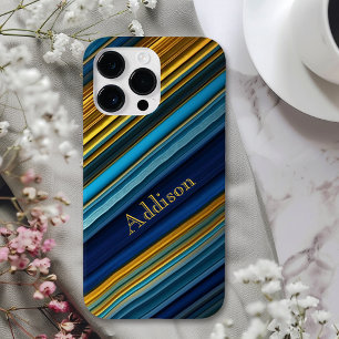 Contemporary Blue/Gold Abstract Stripes Case-Mate iPhone 14 Pro Max Case