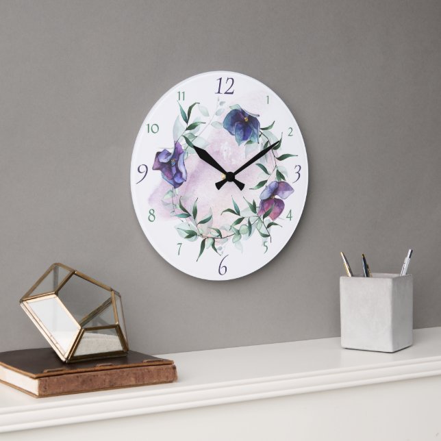 Contemporary Blue Hydrangea Wreath Large Clock (Office)