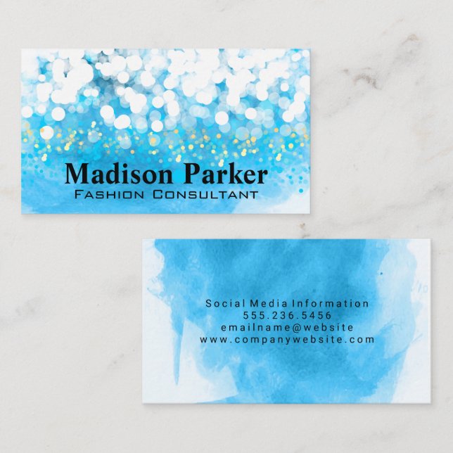 Contemporary Blue Watercolor | Bokeh Glitter Business Card (Front/Back)