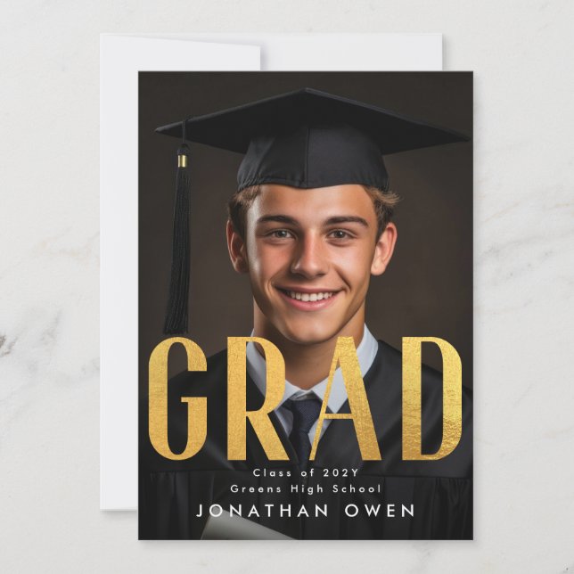 Contemporary Bold Yellow Gold Foil GRAD Photo Announcement (Front)