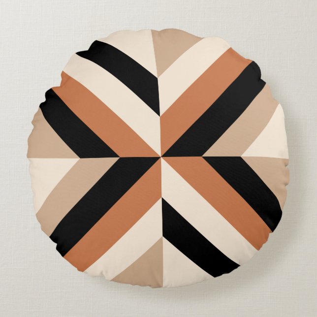 Contemporary Brown Black Geometric Round Cushion (Front)
