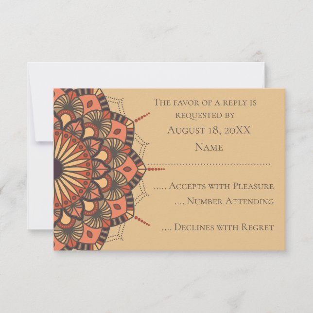 Contemporary Brown Peach Mandala RSVP Cards (Front)