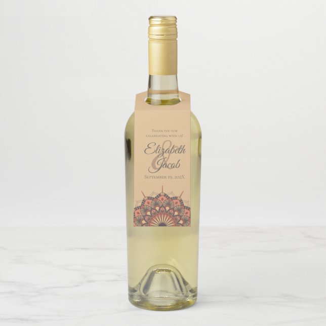 Contemporary Brown Peach Mandala Wedding Bottle Tag (On Bottle)