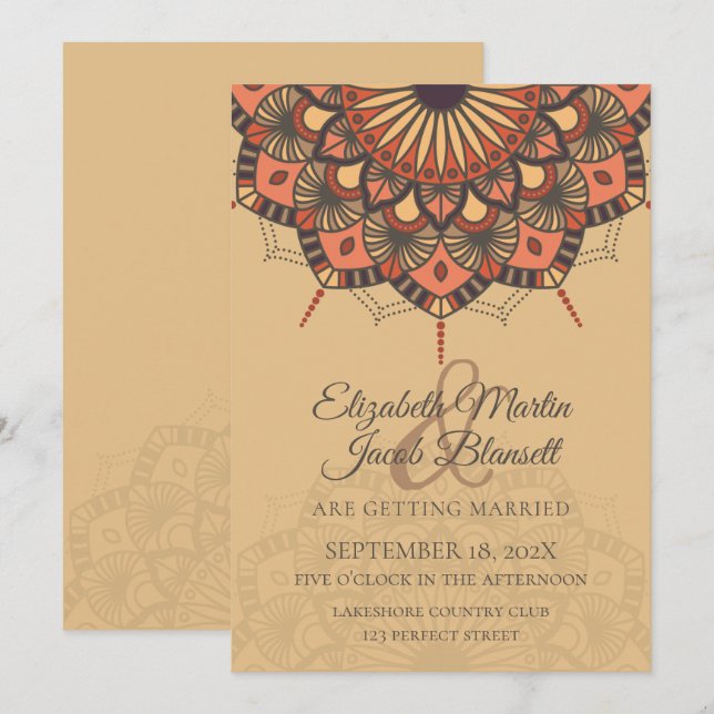Contemporary Brown Peach Mandala Wedding Invitation (Front/Back)