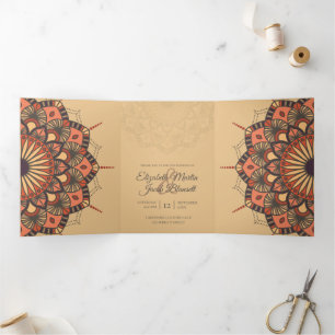 Contemporary Brown Peach Mandala Wedding Tri-Fold Invitation