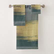 Contemporary brush strokes in green, grey and gold