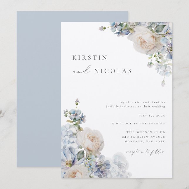 Contemporary Chic Dusty Blue Garden Floral Wedding Invitation (Front/Back)