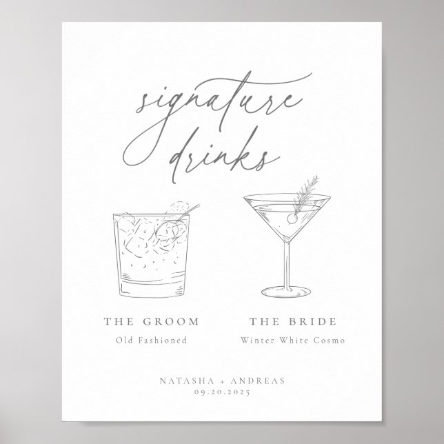 Contemporary Chic Grey Minimalist Signature Drinks Poster (Front)