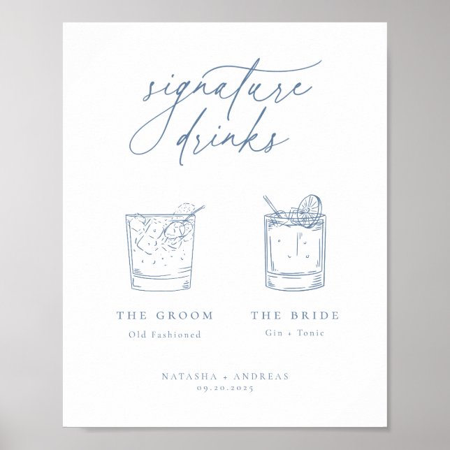 Contemporary Chic Minimalist Blue Signature Drinks Poster (Front)