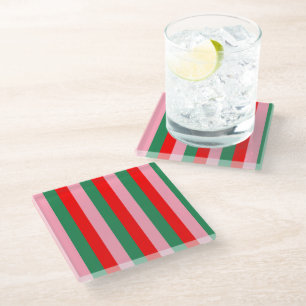 Contemporary Christmas Stripes Glass Coaster