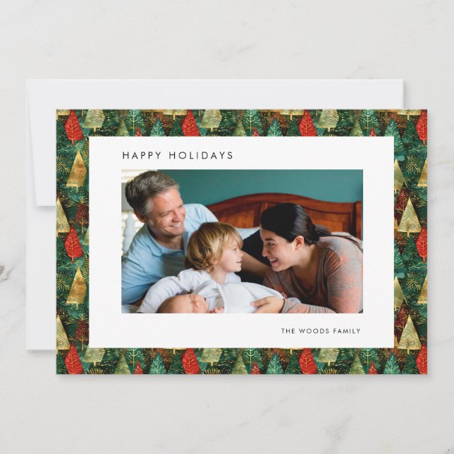 Contemporary Christmas Trees Pattern Photo Happy Holiday Card (Front)