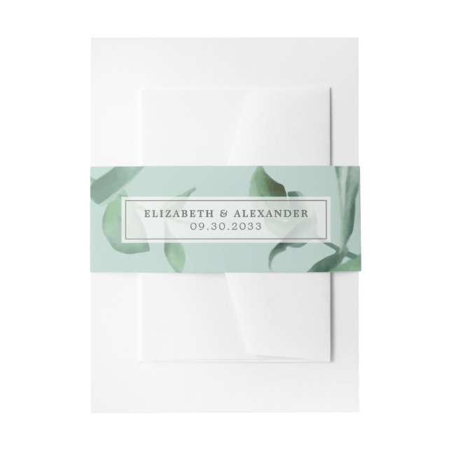 Contemporary classy eucalyptus greenery wedding in invitation belly band (Front Example)