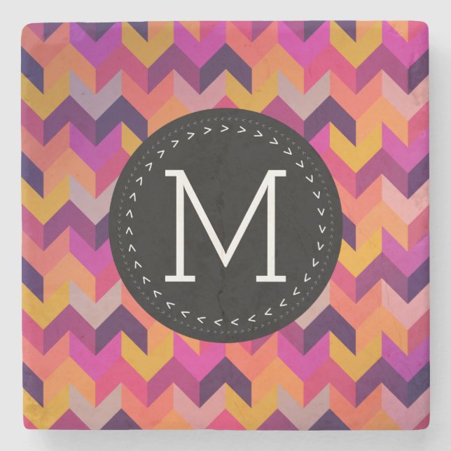 Contemporary Colourful Pattern and Custom Monogram Stone Coaster (Front)