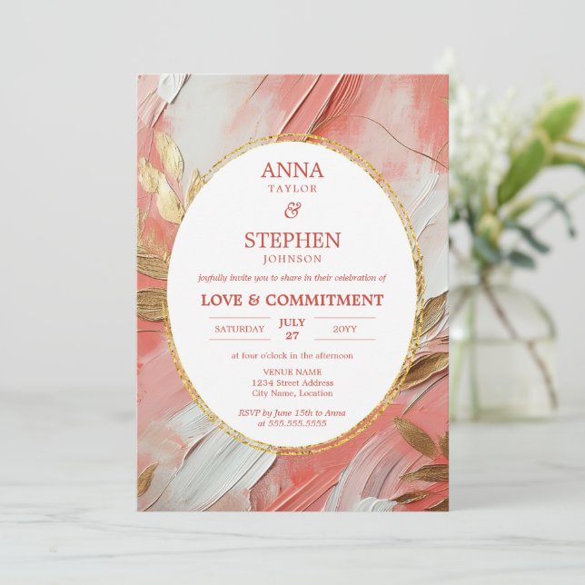 Contemporary Coral Elegance Commitment Ceremony Invitation (Standing Front)