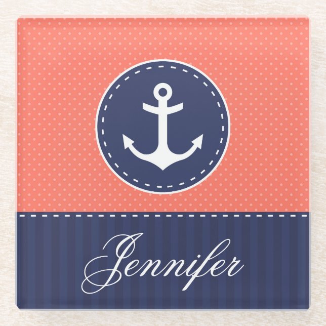 Contemporary Coral Pink Blue Anchor Custom Name Glass Coaster (Front)