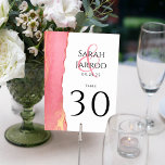 Contemporary Coral Pink Wedding Table Number<br><div class="desc">This card showcases a contemporary coral pink border inspired by the Viva Magenta colour palette of 2023's colour of the year. It displays the names of the bride and groom at the top and the table number below. You can effortlessly customise the design by using the intuitive design tool to...</div>