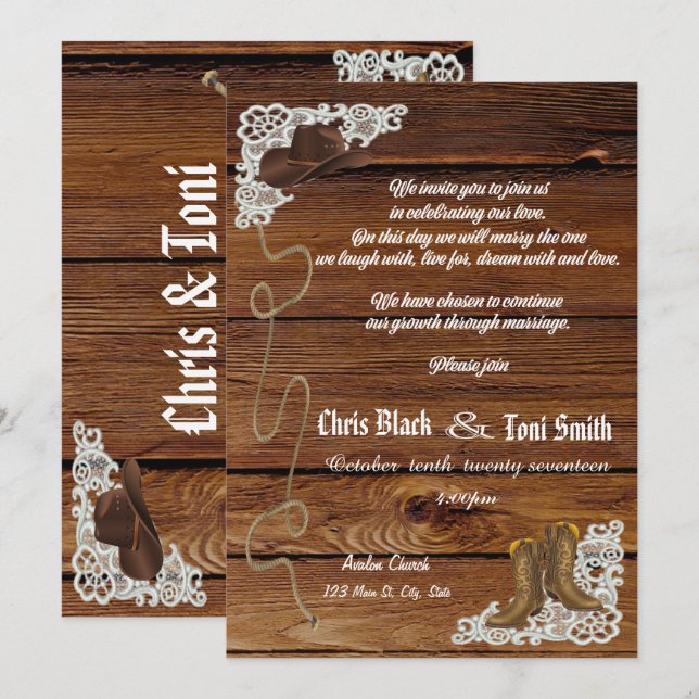 Contemporary Country Boots & Lace Wedding Invite (Front/Back)