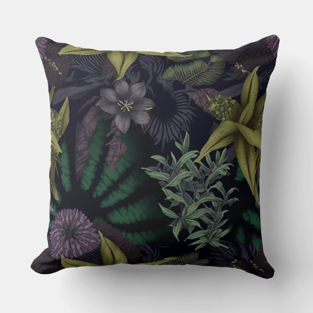 Contemporary Dark Floral Botanical Purple & Green  Cushion (Front)