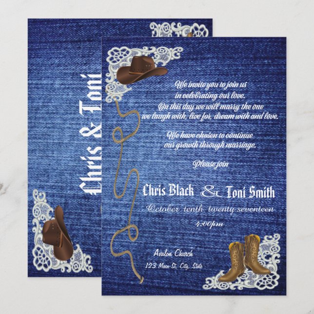 Contemporary Denim, Boots & Lace Wedding Invite (Front/Back)