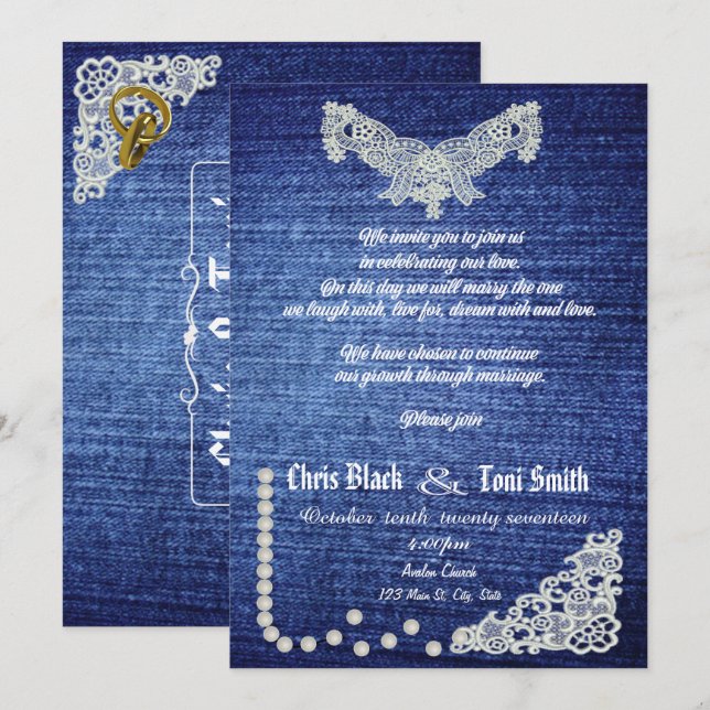 Contemporary Denim, Pearls & Lace Wedding Invite (Front/Back)
