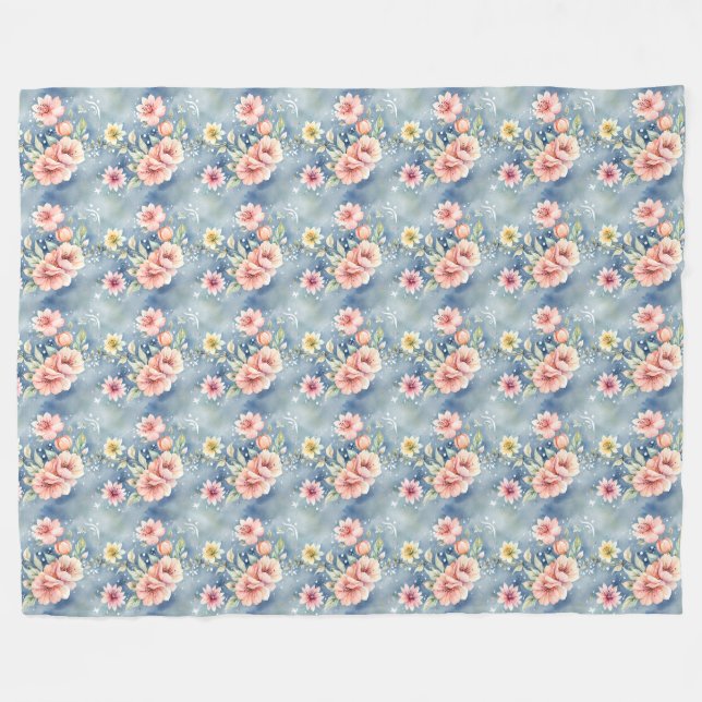 Contemporary Dream Pink & Blue Floral Fleece Blanket (Front (Horizontal))