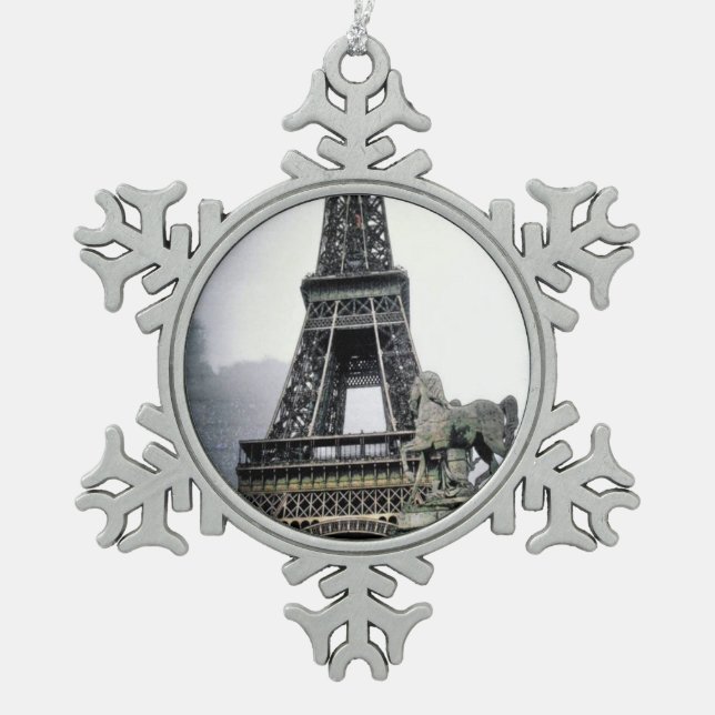 Contemporary Eiffel tower Snowflake Pewter Christmas Ornament (Front)