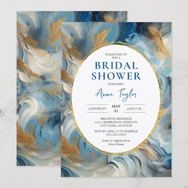 Contemporary Elegance: Blue Gold Bridal Shower Invitation (Front/Back)