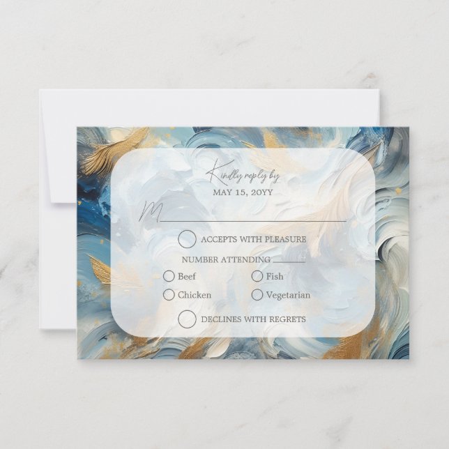 Contemporary Elegance: Blue White Gold RSVP (Front)