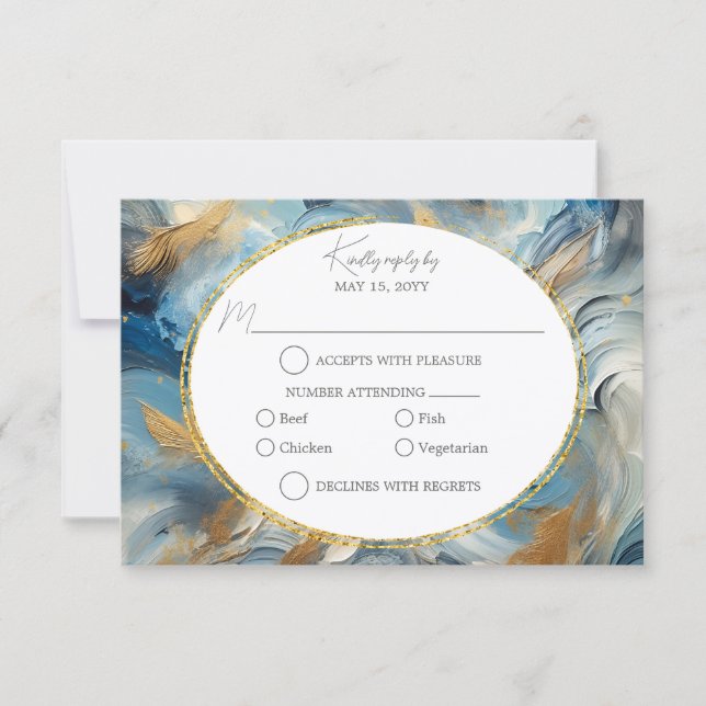 Contemporary Elegance: Blue White Gold RSVP Card (Front)