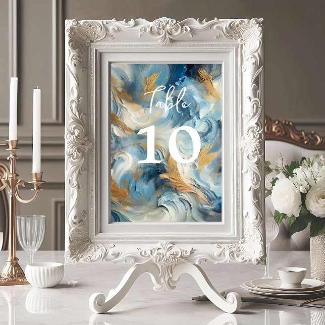 Contemporary Elegance: Blue White Gold Table Number (Contemporary Blue, White, Gold Elegance table number card.)
